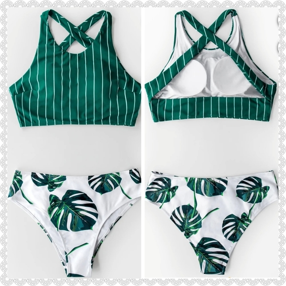 Teal Stripe & Leaves Bikini - Picture 7 of 7